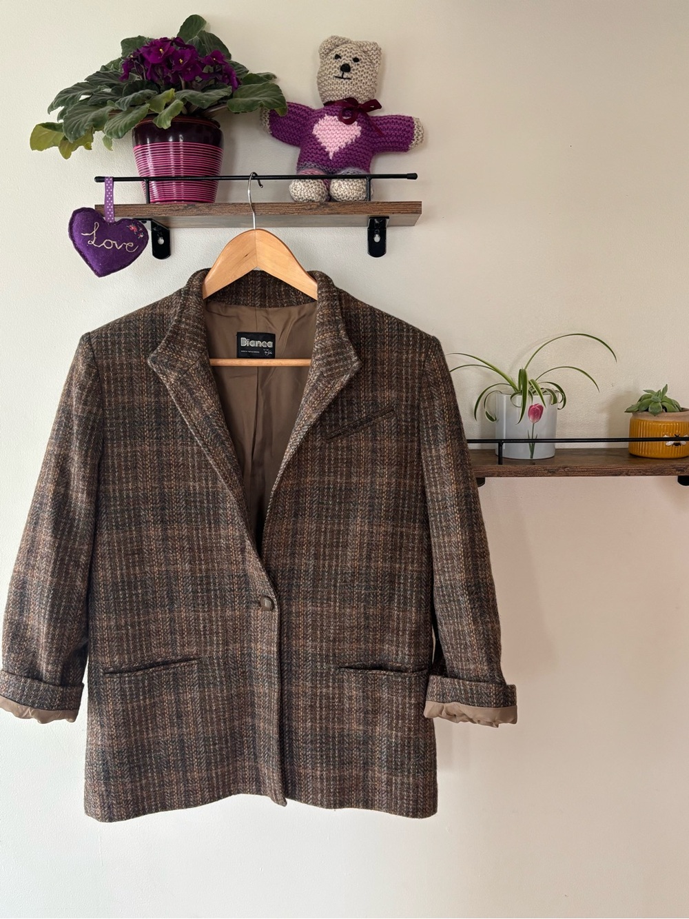 Vintage Bianca by Tan Jay 100% Wool Plaid Tweed Blazer Jacket Brown Size 12